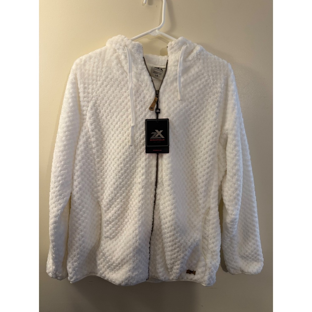 Zeroxposur Womens Pearl White Textured Faux Fur Full Zip Hoodie Jacket Z92620